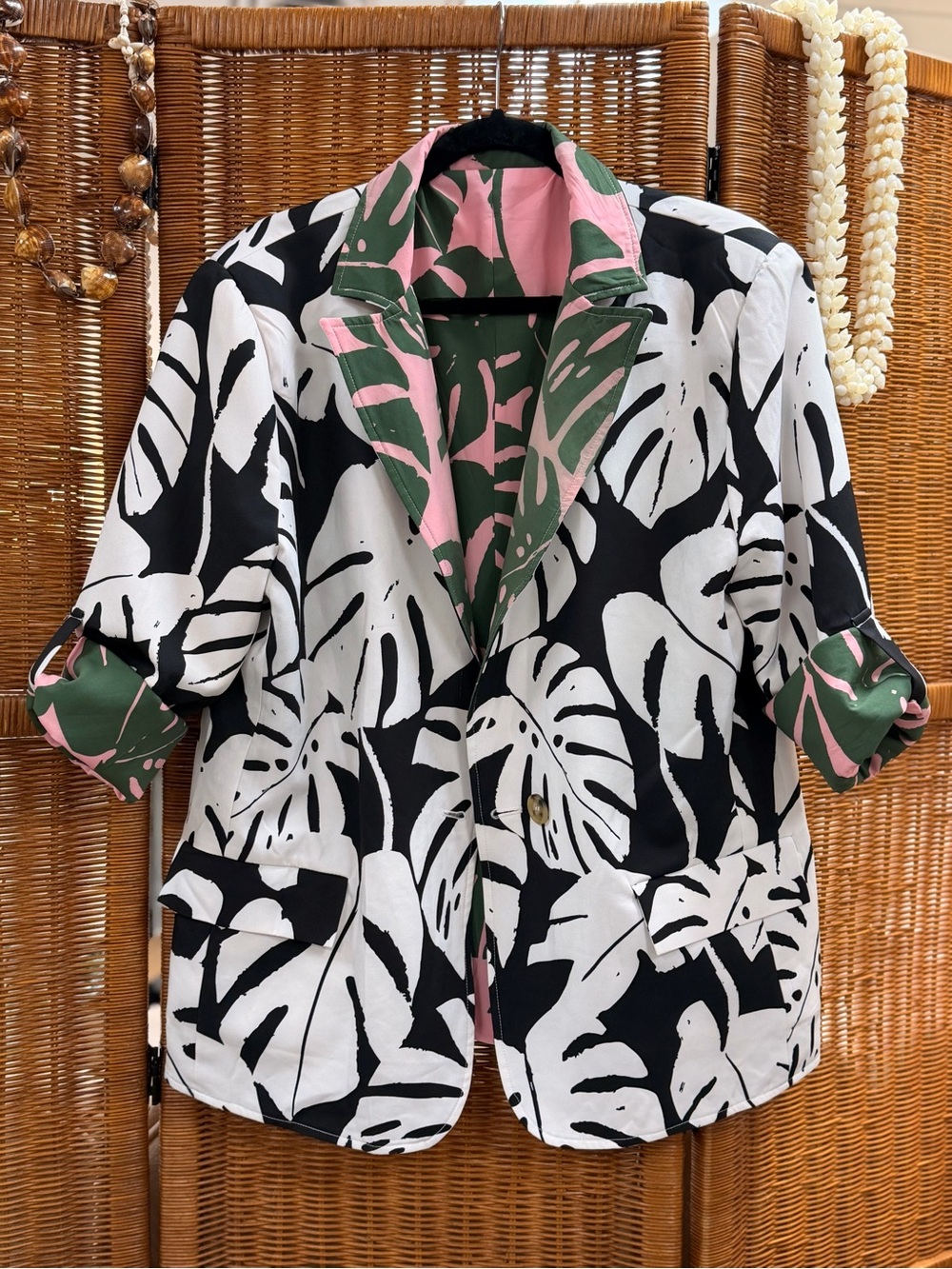 Lexbreezy Tropical Leaf Print Blazer Jacket - Black, White & Pink/Green Trim